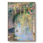 Impressionist painting of a flowering bridge with pink roses over a reflective pond with a duck below, natural wood frame
