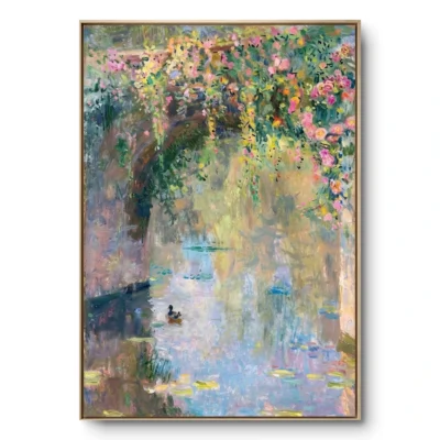 Whispering Pond Crossing Duck under flowering bridge textured wall art