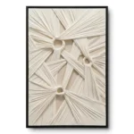 Three cinched ivory fabric knots anchoring a web of pleated diagonal folds in raised relief, framed in a slim black frame.