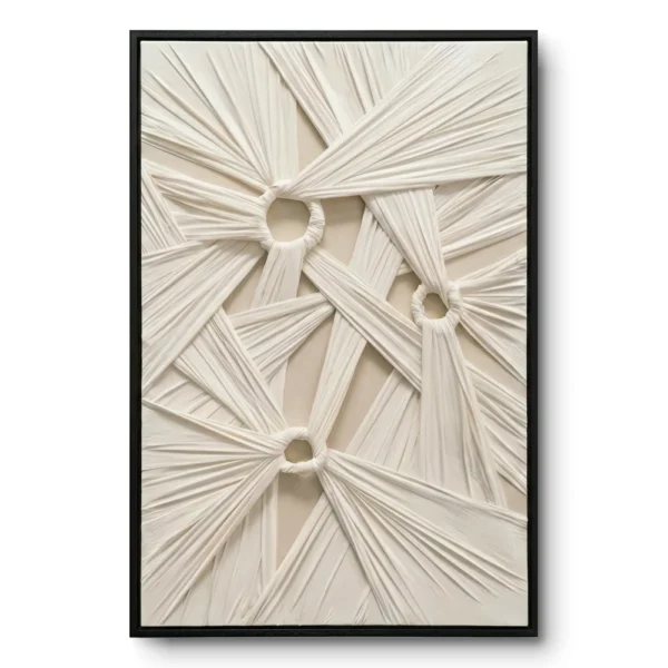 Three cinched ivory fabric knots anchoring a web of pleated diagonal folds in raised relief, framed in a slim black frame.