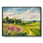 Realist landscape painting of purple wildflowers in the foreground with green rolling hills and a blue cloudy sky, black frame
