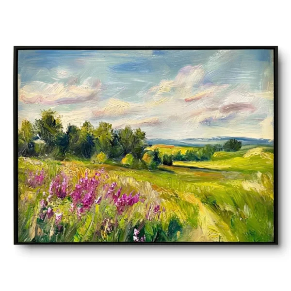 Realist landscape painting of purple wildflowers in the foreground with green rolling hills and a blue cloudy sky, black frame