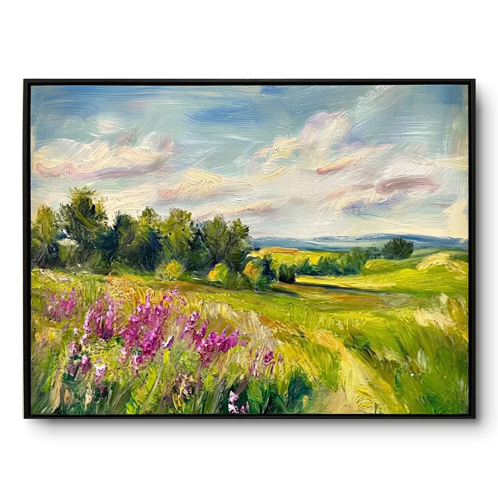 wildflower-horizon-purple-flowers-green-hills-color-wall-art Realist landscape painting of purple wildflowers in the foreground with green rolling hills and a blue cloudy sky, black frame
