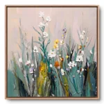Botanical painting of a wildflower bouquet with white, yellow and purple blooms and teal grasses on a blush pink ground, natural wood frame