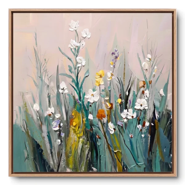 Botanical painting of a wildflower bouquet with white, yellow and purple blooms and teal grasses on a blush pink ground, natural wood frame
