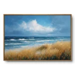Realist coastal landscape painting of golden waving beach grass with blue ocean waves and a cloudy sky, natural wood frame
