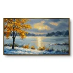 Realist winter landscape painting of a golden autumn tree with snow at its base beside a still lake with a glowing sun reflection, gold thin frame