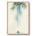 Soft figurative painting of a seated meditating figure beneath a cascading blue waterfall falling from cherry blossom branches, light wood frame