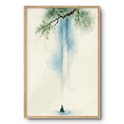 Soft figurative painting of a seated meditating figure beneath a cascading blue waterfall falling from cherry blossom branches, light wood frame