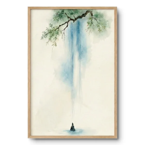 Soft figurative painting of a seated meditating figure beneath a cascading blue waterfall falling from cherry blossom branches, light wood frame