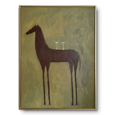 Whimsical minimalist painting of an elongated horse silhouette balancing two martini glasses on its back against an olive green textured ground, gold thin frame