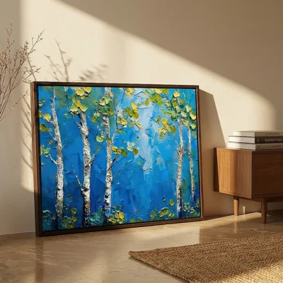 Cobalt Grove textured wall art shown framed on the wall in a styled interior
