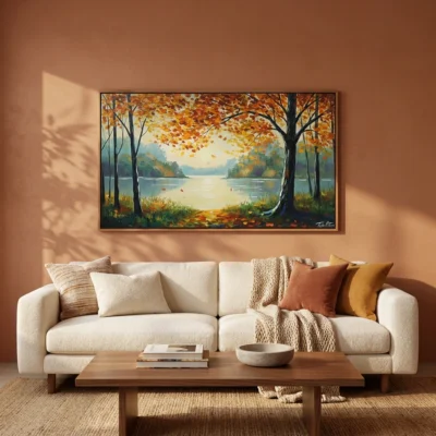 Amber Shoreline textured wall art shown framed on the wall in a styled interior