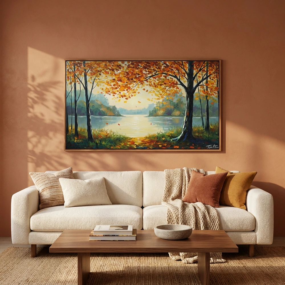 Amber Shoreline textured wall art shown framed on the wall in a styled interior