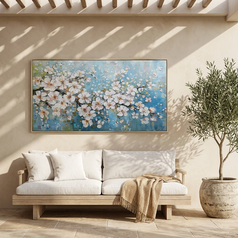 Cascade Bloom textured wall art shown framed on the wall in a styled interior