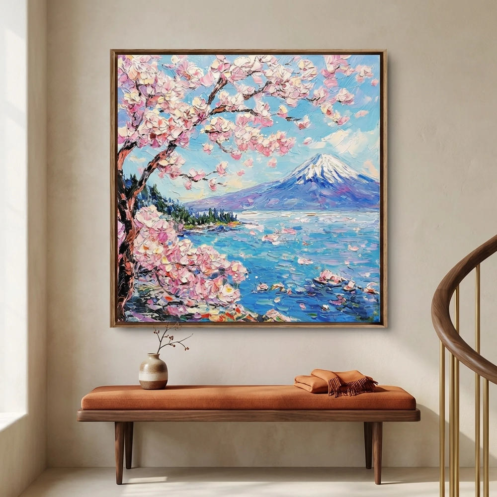 Fuji Bloom textured wall art shown framed on the wall in a styled interior