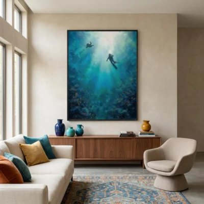 Coral Descent textured wall art shown framed on the wall in a styled interior