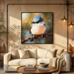 Waterside Fledgling textured wall art shown framed on the wall in a styled interior