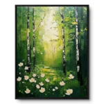 Textured painting of white birch trees in dappled green-gold light with white anemone flowers on the forest floor, black frame