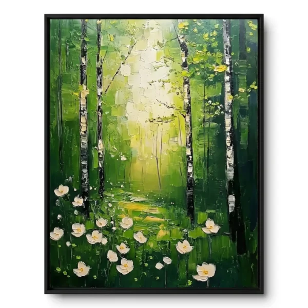 Textured painting of white birch trees in dappled green-gold light with white anemone flowers on the forest floor, black frame