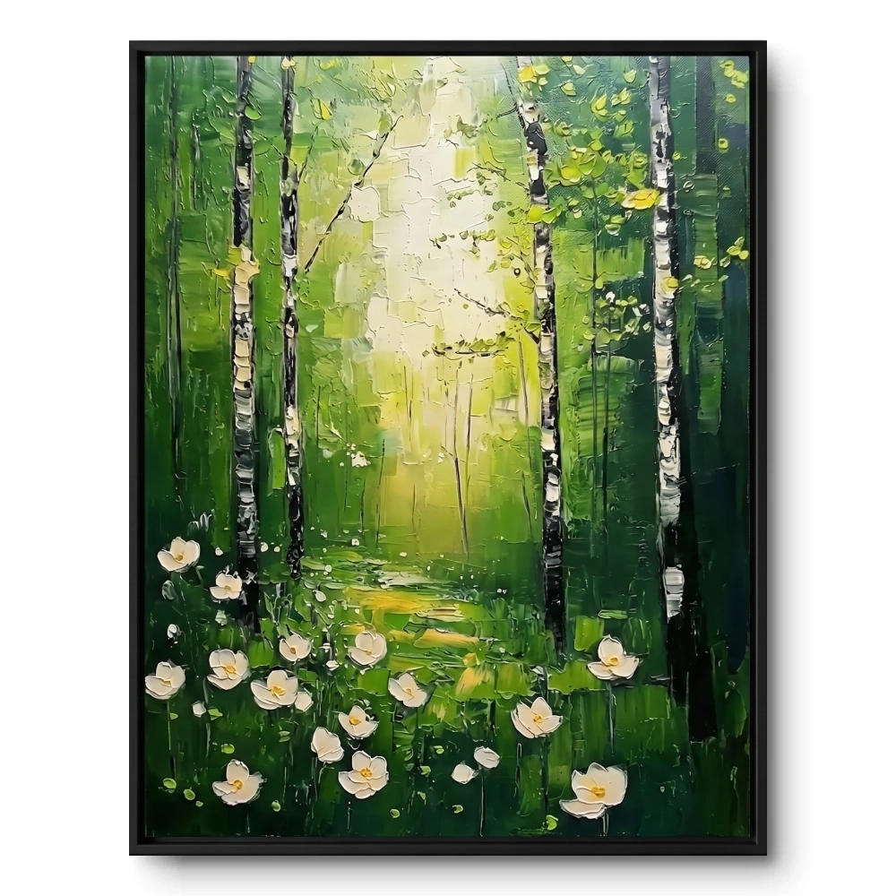 Textured painting of white birch trees in dappled green-gold light with white anemone flowers on the forest floor, black frame
