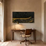 Breaking Gold textured wall art shown framed on the wall in a styled interior