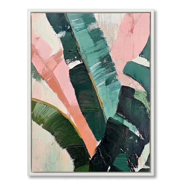 Close-up textured painting of coral pink and deep teal-green tropical leaves overlapping, white frame