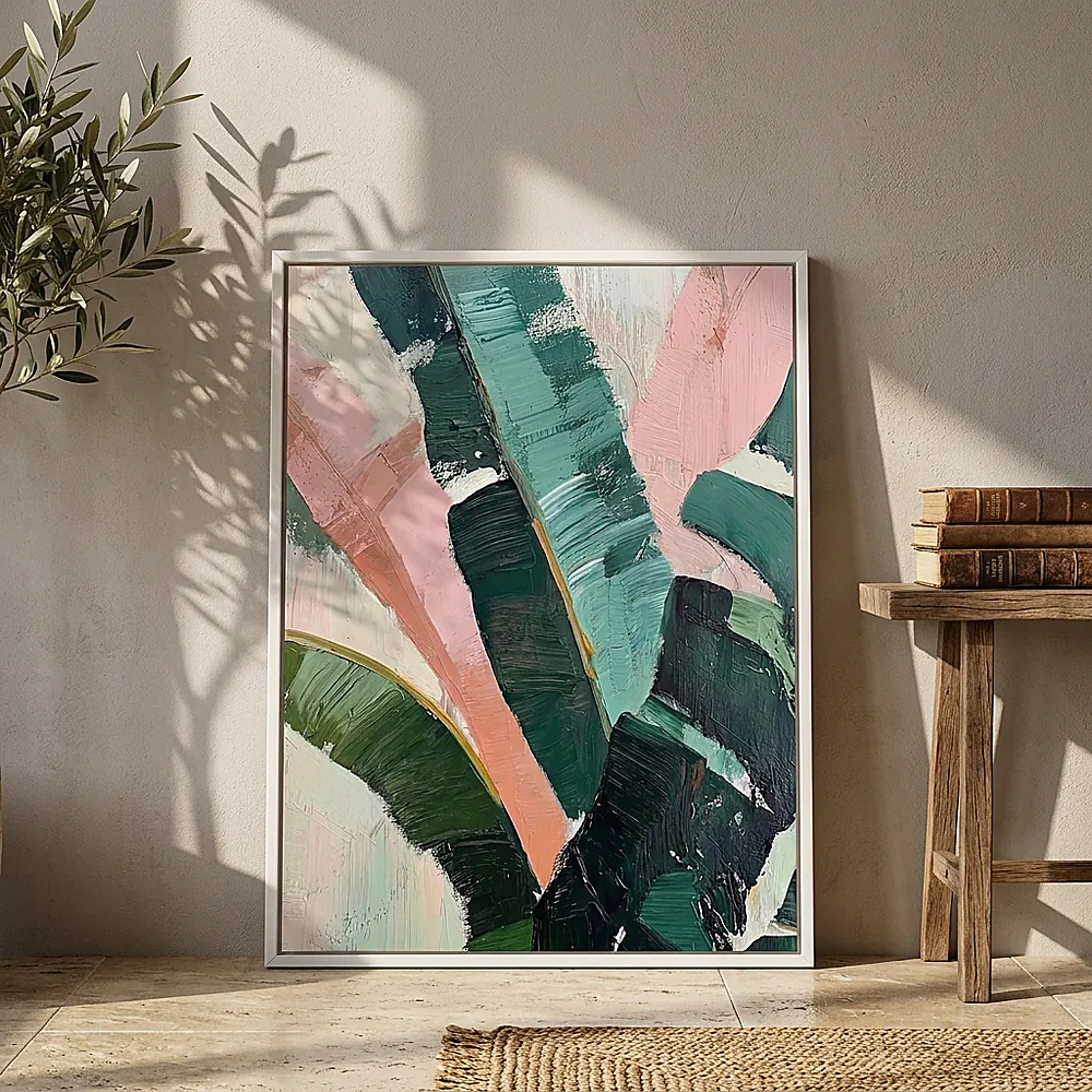 Coral Frond textured wall art shown framed on the wall in a styled interior