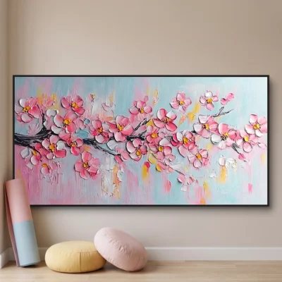 Rosewater Branch textured wall art shown framed on the wall in a styled interior