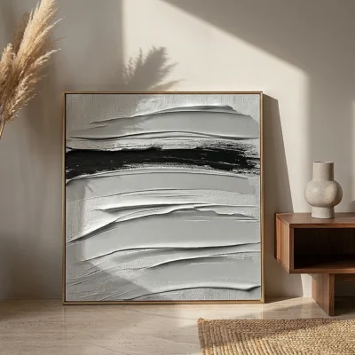 Single Line textured wall art shown framed on the wall in a styled interior