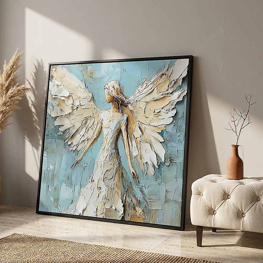 Aqua Ascension textured wall art shown framed on the wall in a styled interior