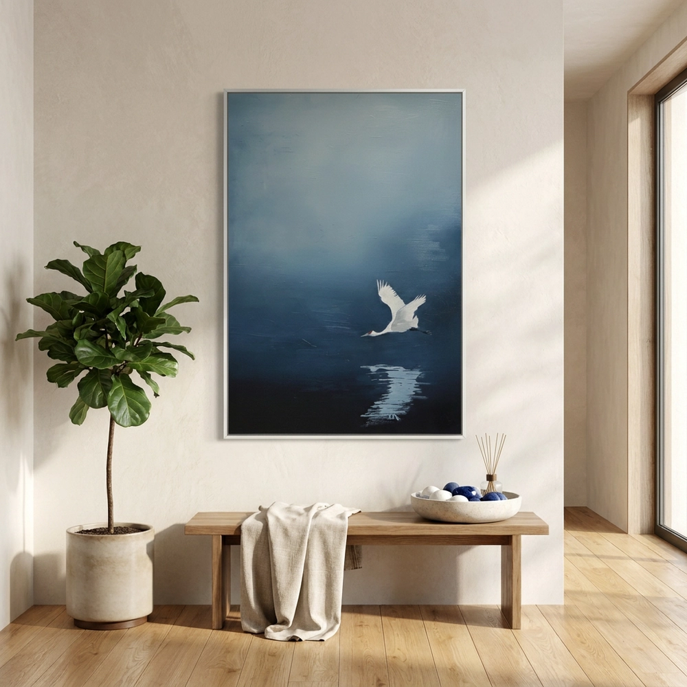 Low Flight textured wall art shown framed on the wall in a styled interior