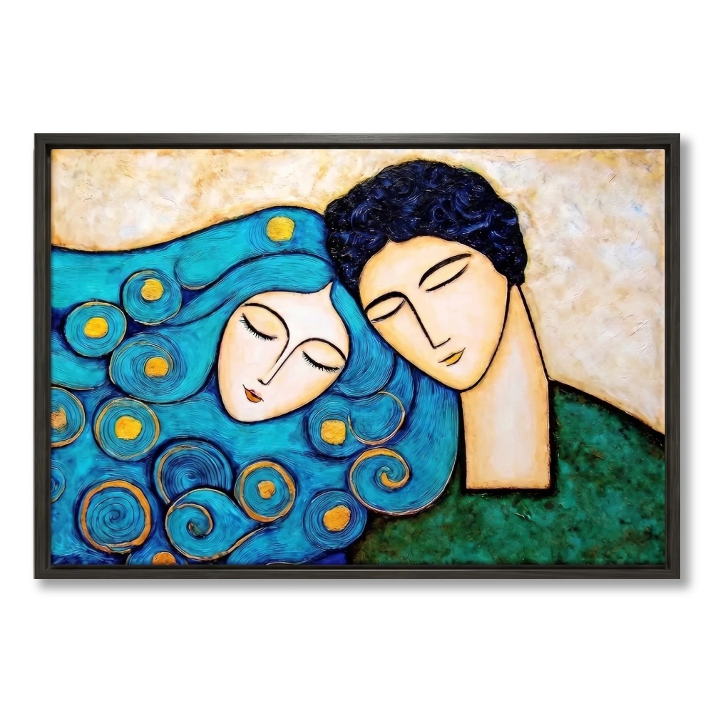 Textured painting of a stylised couple portrait, woman with teal-gold swirl hair resting against a man with dark curly hair, black frame