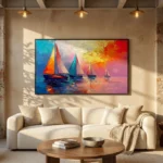 Sail at Dusk textured wall art shown framed on the wall in a styled interior