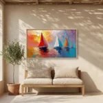 Red Sail Harbor textured wall art shown framed on the wall in a styled interior