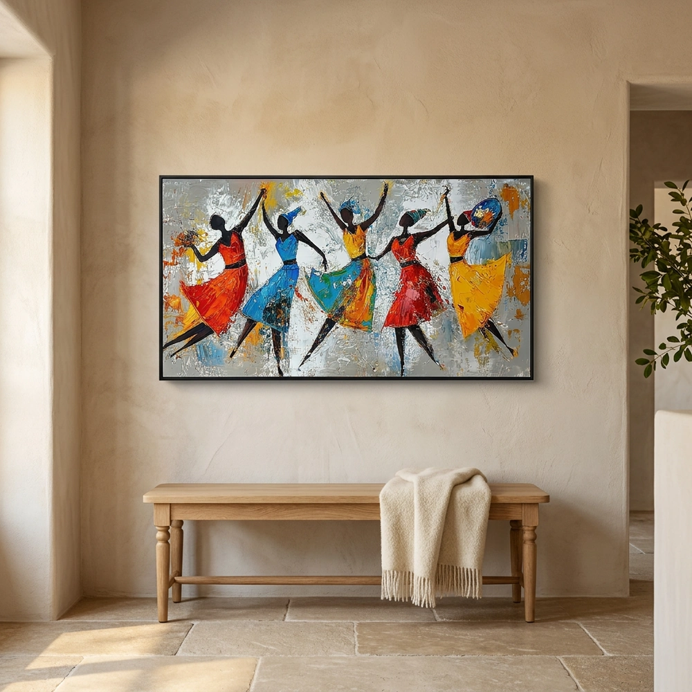 Five in Step textured wall art shown framed on the wall in a styled interior