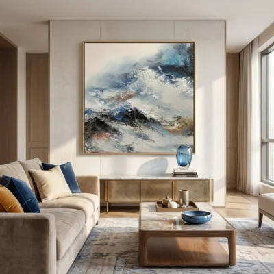 Storm Passage textured wall art shown framed on the wall in a styled interior