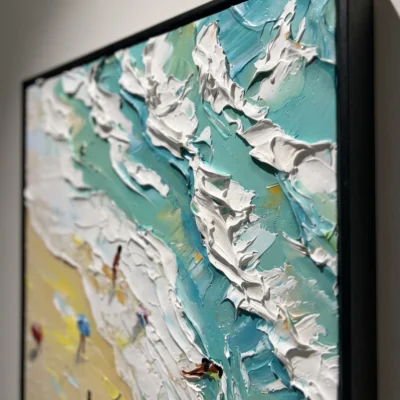 Turquoise Shore textured wall art shown framed on the wall in a styled interior