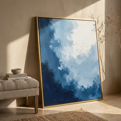 Cobalt Whisper textured wall art shown framed on the wall in a styled interior
