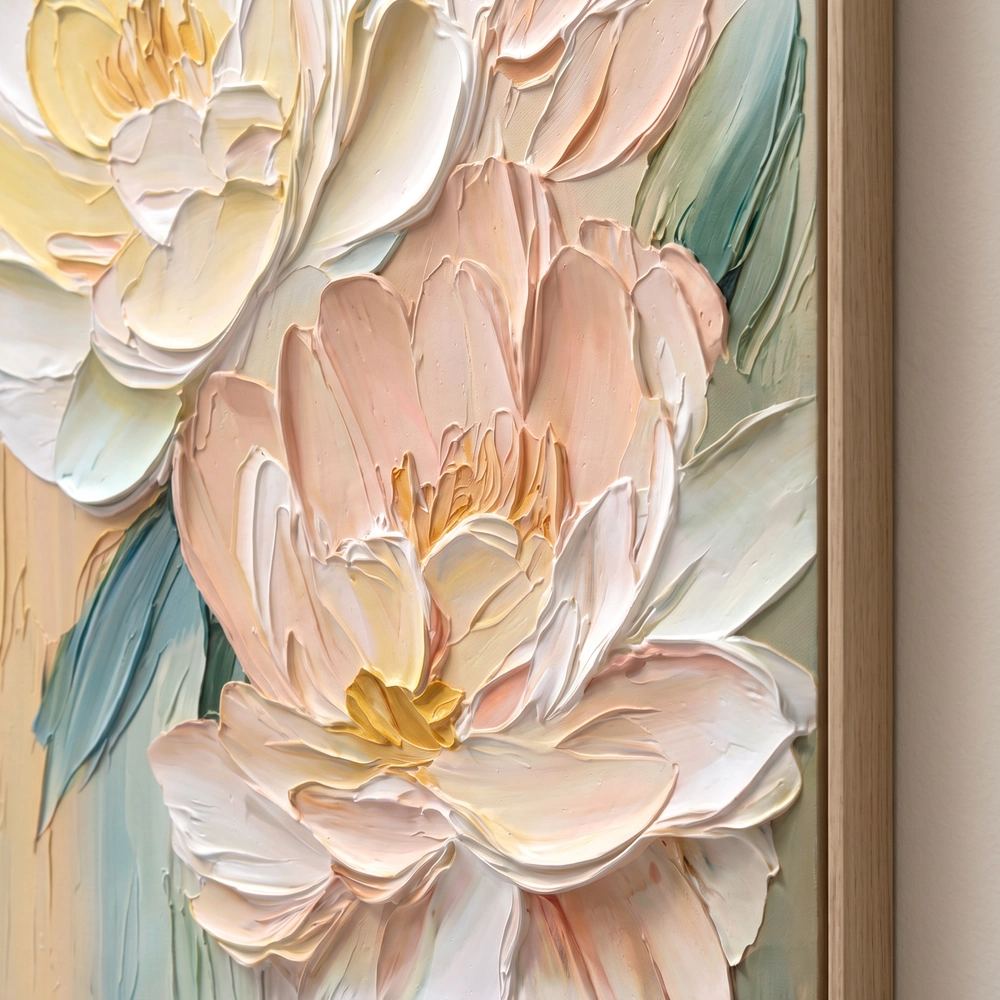 Petal Hush textured wall art shown framed on the wall in a styled interior