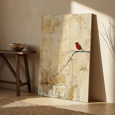 Crimson Solace textured wall art shown framed on the wall in a styled interior