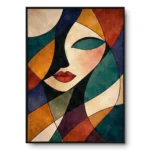 Textured cubist portrait painting, a face fractured into warm red, teal, cream and grey blocks, gold frame