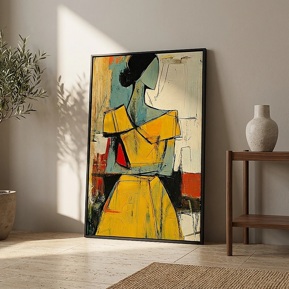 Ochre Muse textured wall art shown framed on the wall in a styled interior