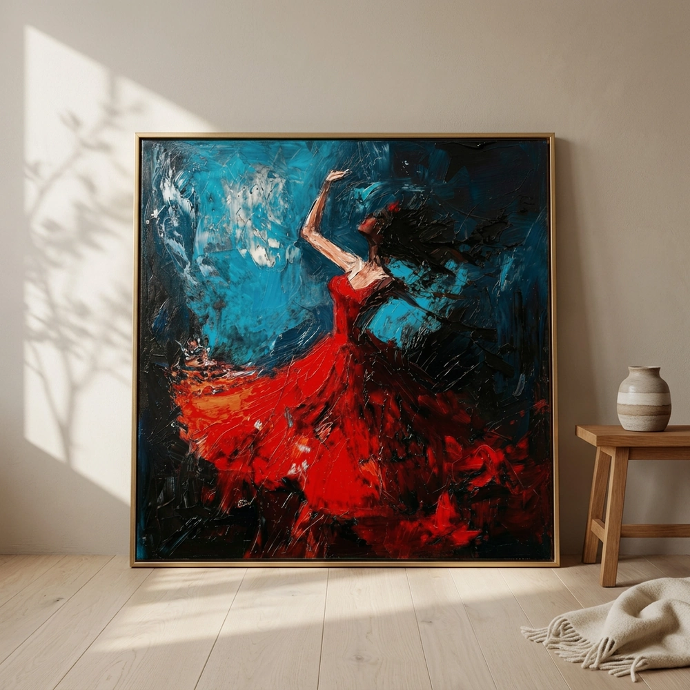 Flamenco Fire textured wall art shown framed on the wall in a styled interior
