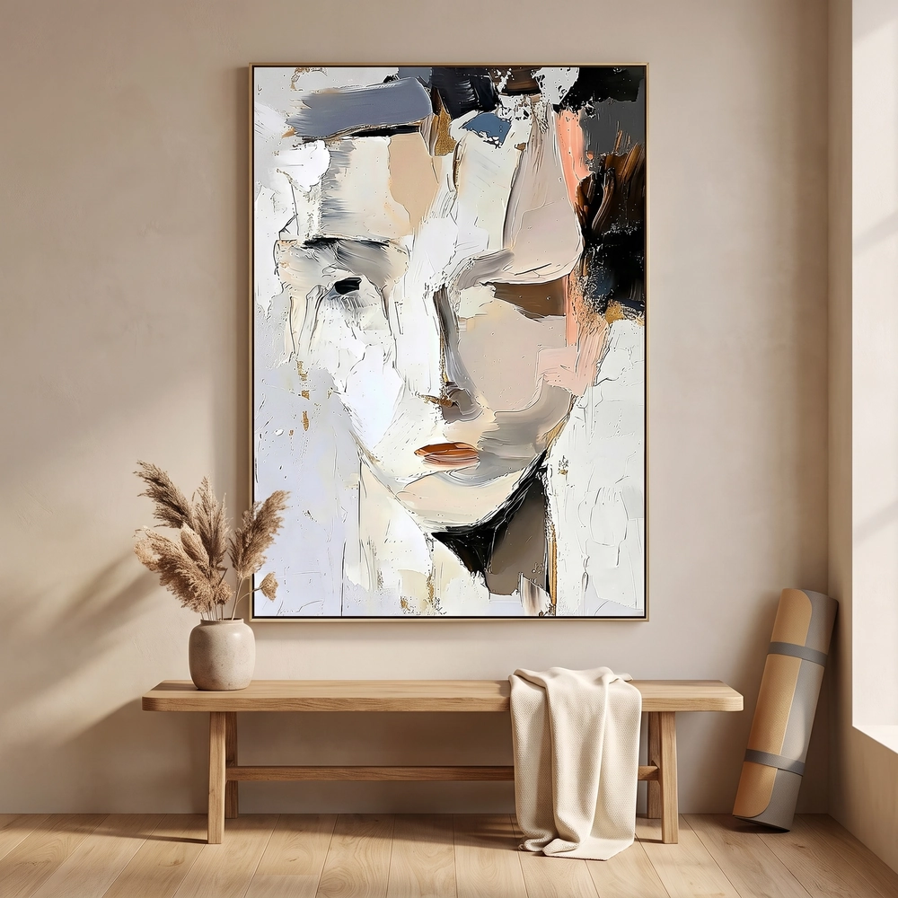 Muted Visage textured wall art shown framed on the wall in a styled interior