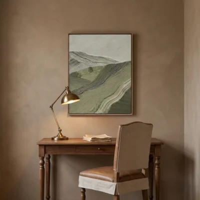 Sage Rolling textured wall art shown framed on the wall in a styled interior