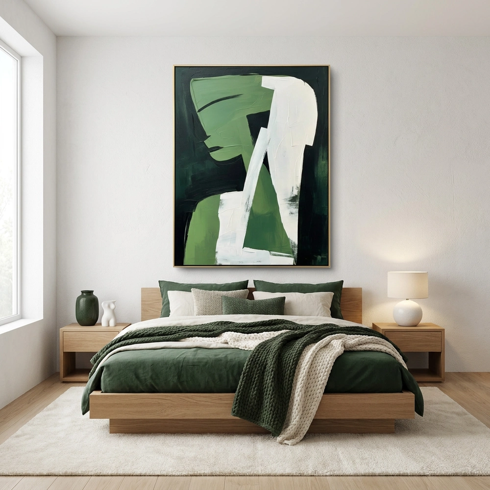 Emerald Stance textured wall art shown framed on the wall in a styled interior