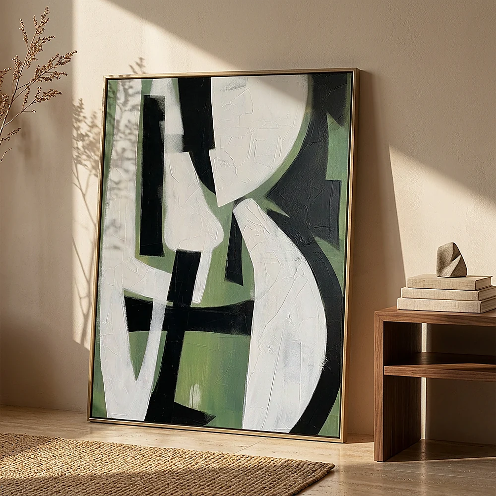 Emerald Balance textured wall art shown framed on the wall in a styled interior