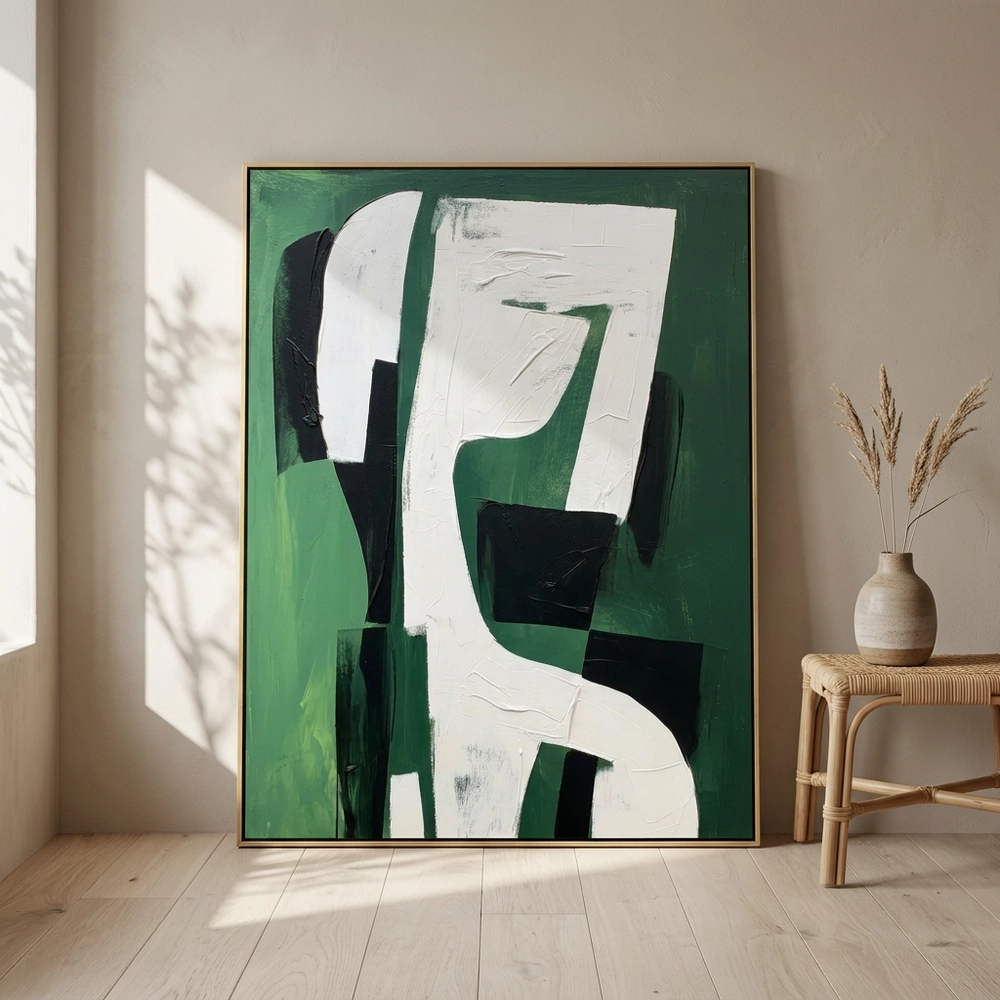 Emerald Equilibrium textured wall art shown framed on the wall in a styled interior