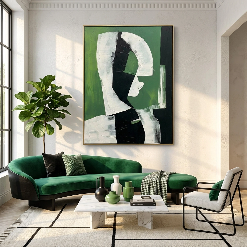 Emerald Arc textured wall art shown framed on the wall in a styled interior